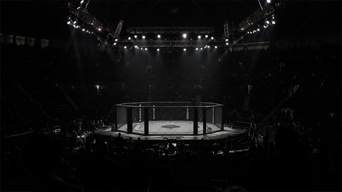 Packed MMA arena with an empty cage under bright competition lights.